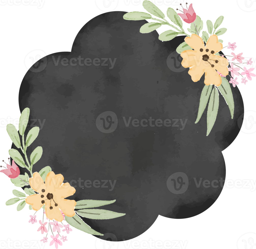 vintage watercolor black badge label with flower png