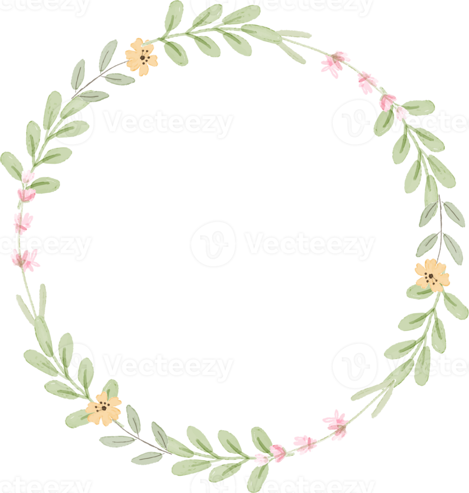 corona de hojas de dibujo a mano botánica acuarela con pequeñas flores rosas y amarillas png