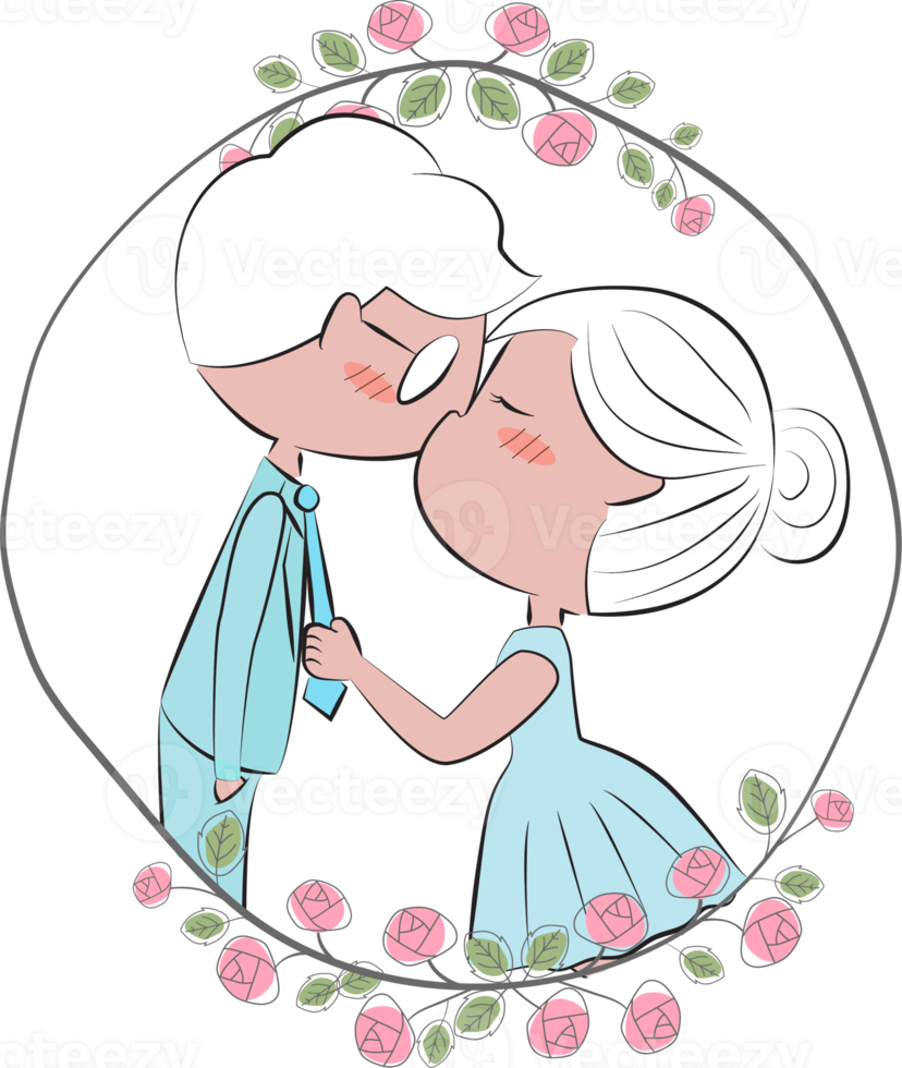 Valentine couple in doodle rose wreath frame png