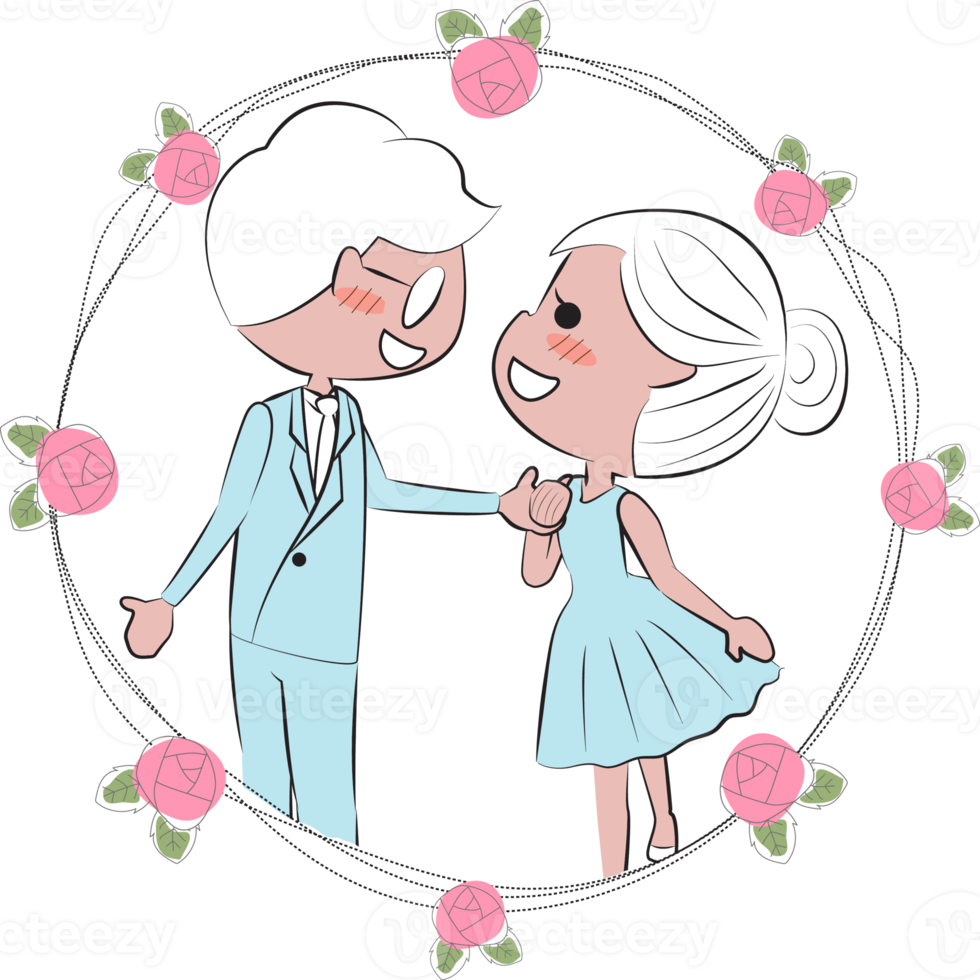 couple saint valentin dans un cadre de couronne de roses doodle png