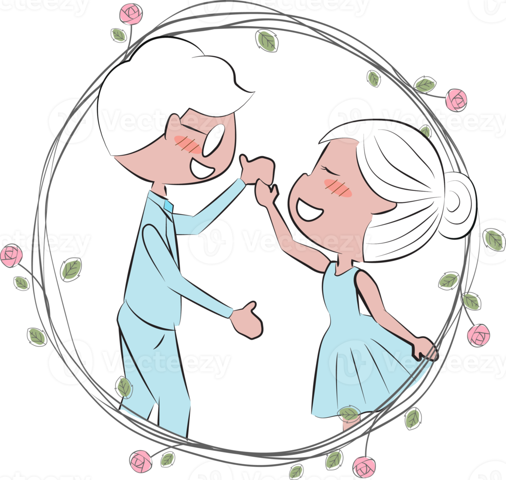 Valentine couple in doodle rose wreath frame png