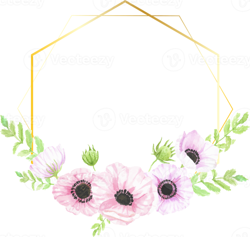 watercolor hand drawn anemone flower bouquet wreath with gold geometric frame for banner png