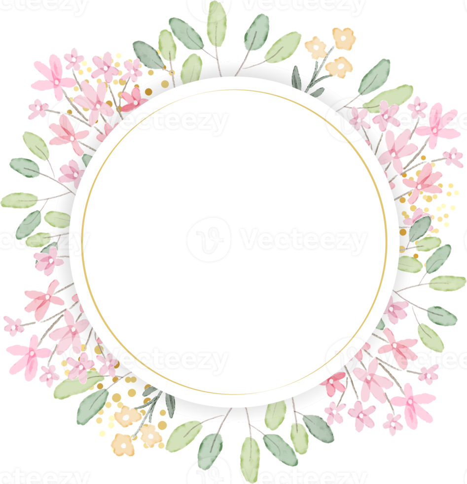 watercolor botanical hand drawing leafs wreath with tiny pink and yellow flowers golden png