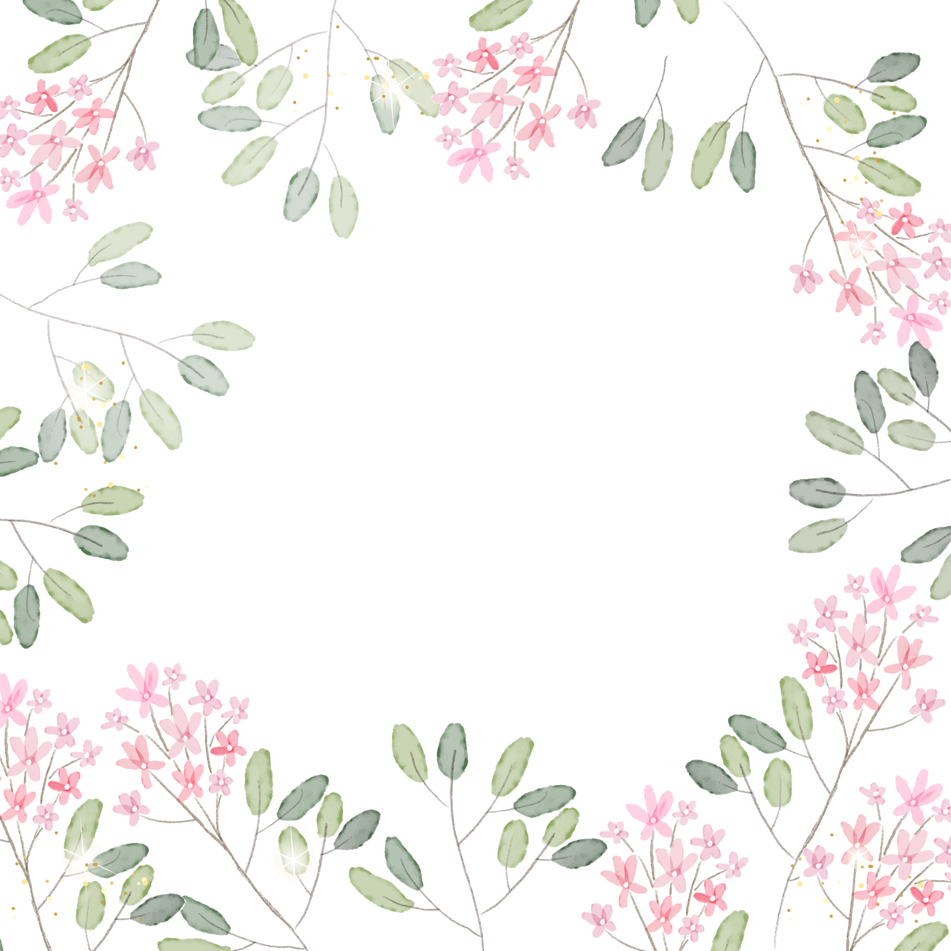 watercolor pink tiny flower branch with golden glitter square frame ...