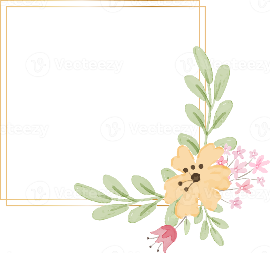 geometrisk gyllene ram med dekorativ gul vattenfärg blomma png