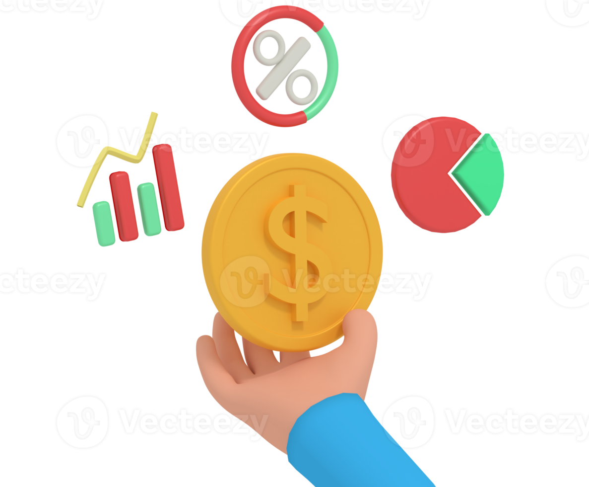 3d illustration of hand holding dollar coin png