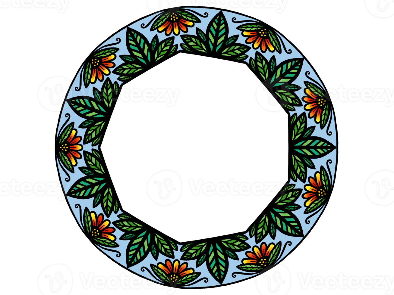 decorative frame colorful with flowers and leaves, transparent background png