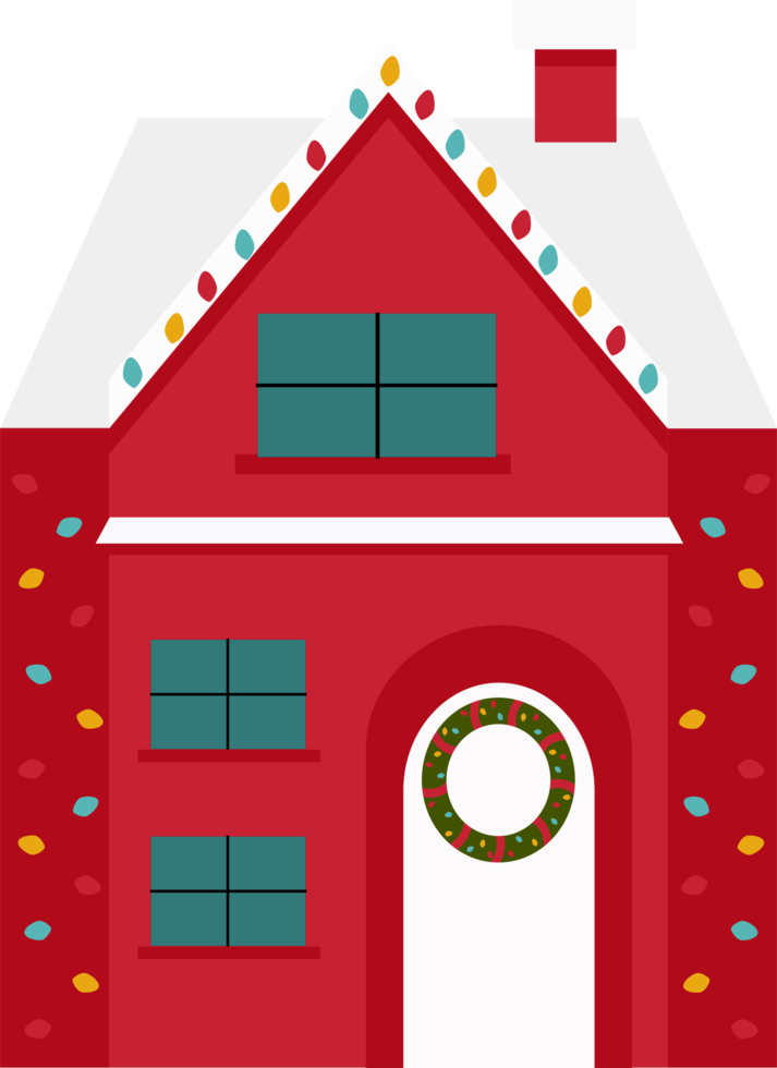 The house is red with high windows. Decorated for Christmas. png