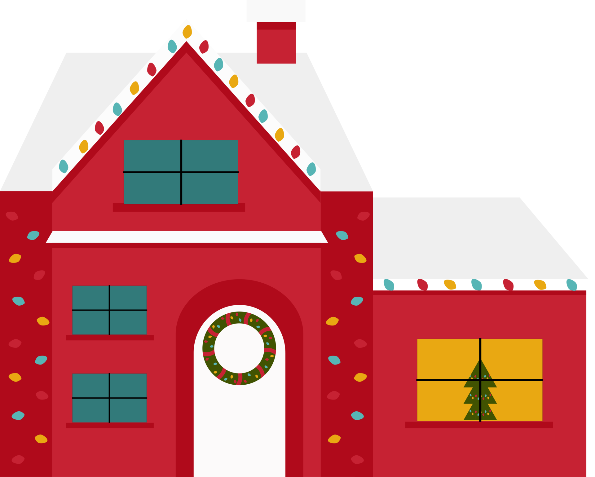The house is red with high windows. Decorated for Christmas. 13079310 PNG