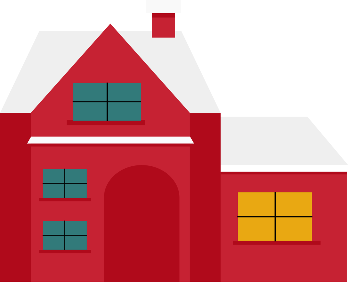 The house is red with high windows. png