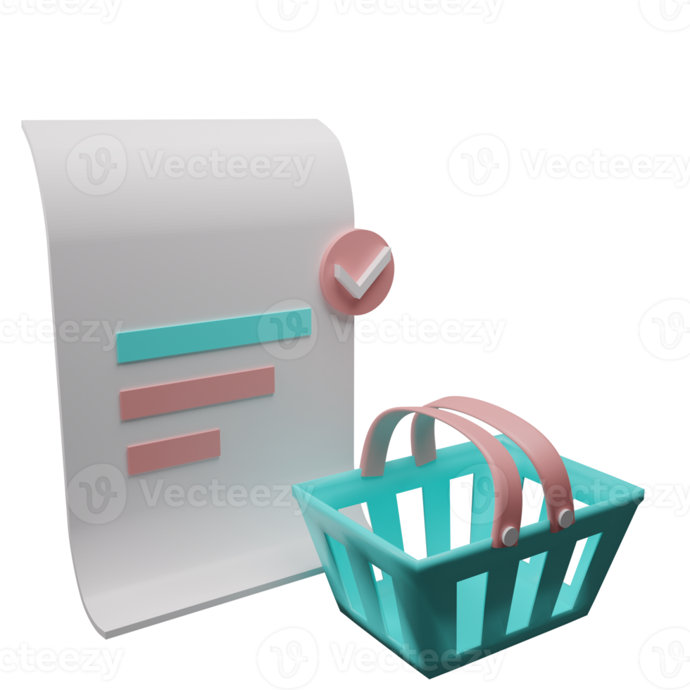 Shopping List with shopping basket 3D Illustration png