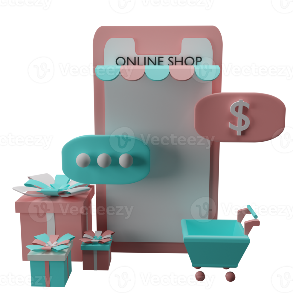 3d illustratie concept van online boodschappen doen Aan sociaal media app. smartphone met boodschappen doen tas, kar, geschenk. png