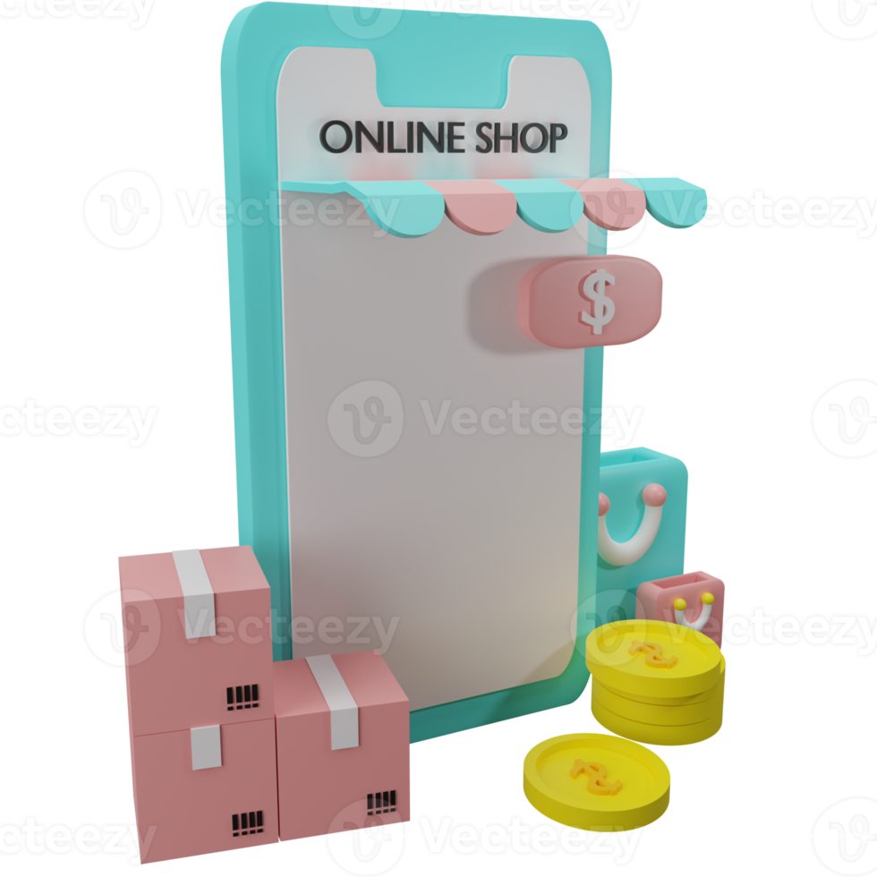 3D Illustration Concept of online shopping on social media app. smartphone with shopping bag, cart, gift. png