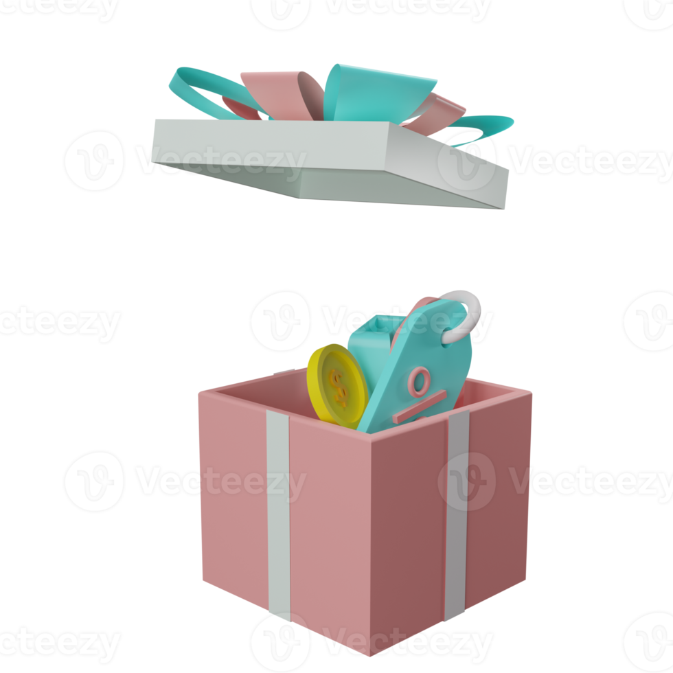 offene geschenkbox mit rabattanhänger, münzen-3d-illustration png