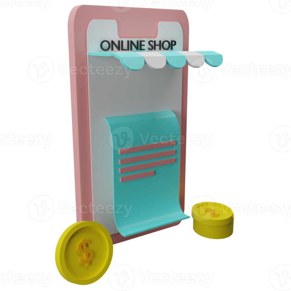 Conceito de ilustração 3D de compras online no aplicativo de mídia social. smartphone com sacola de compras, carrinho, presente. png