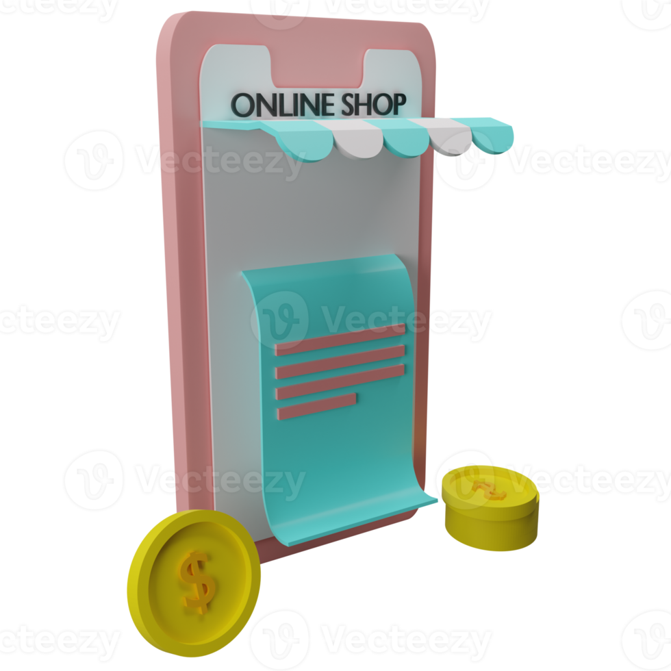 3D Illustration Concept of online shopping on social media app. smartphone with shopping bag, cart, gift. png
