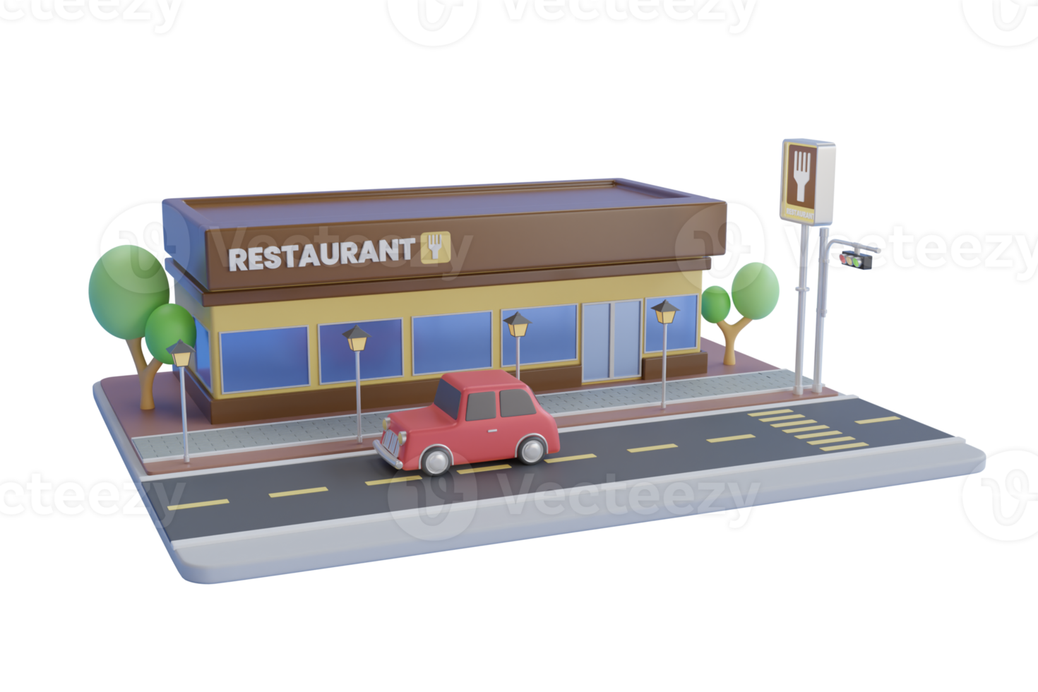 Ilustración 3D de restaurante. Representación 3D de un restaurante de comida rápida sobre fondo azul. representación 3d png