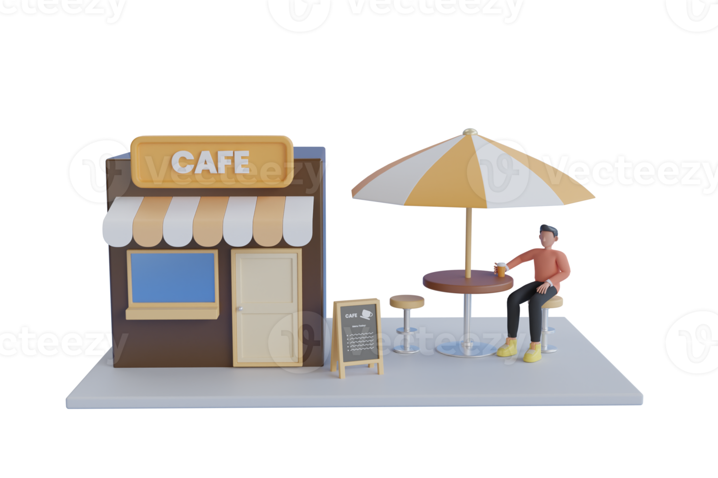 3d illustration of a cozy cafe. Front view Cafe shop. coffee shop or coffeehouse building. 3d rendering png