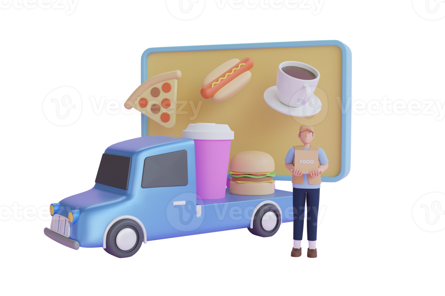 3d illustrazione di cibo camion. caldo cane veloce cibo macchina. hamburger camion . Pizza camion. mobile veloce cibo 3d interpretazione png