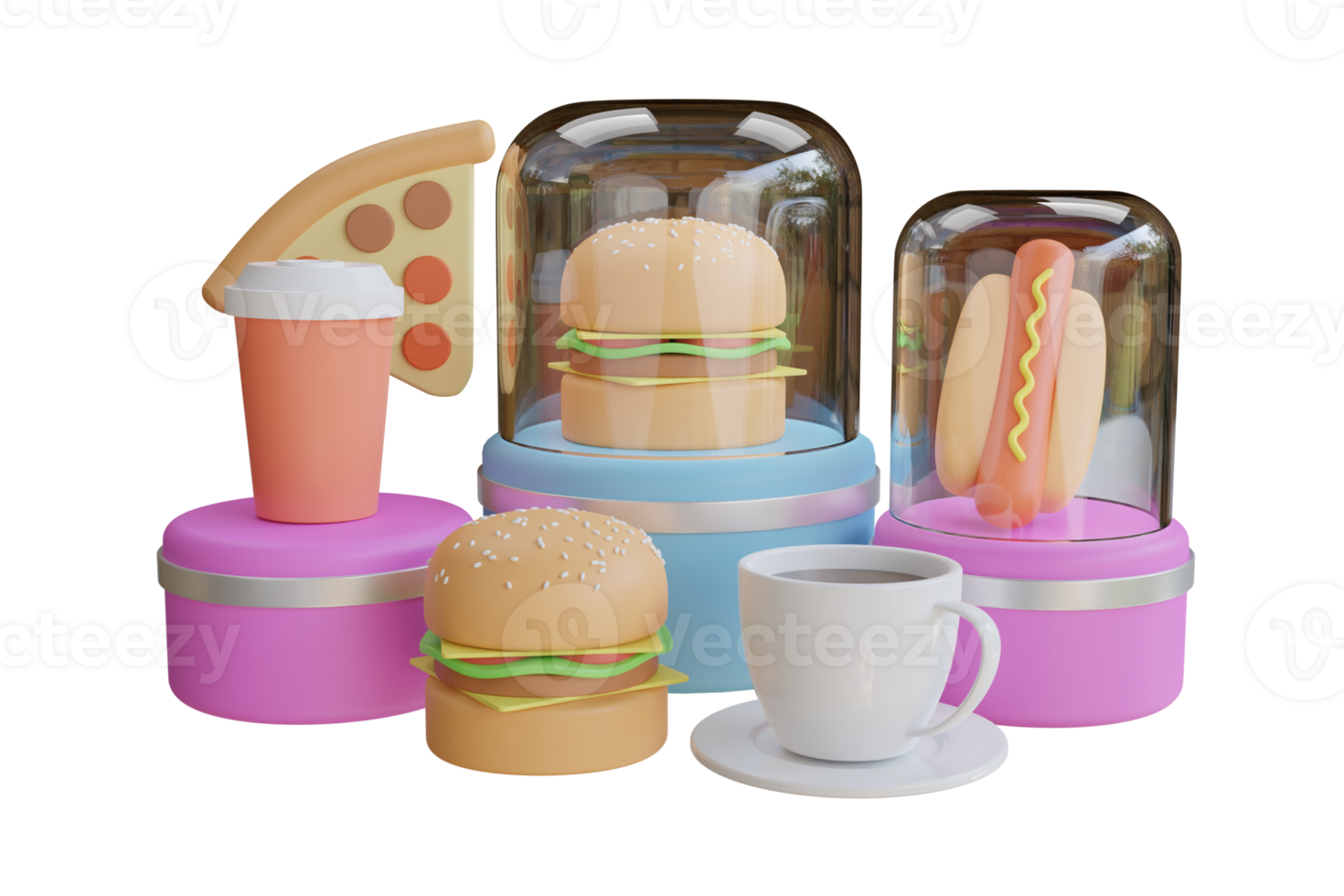 conjunto de elementos de comida rápida de renderizado realista 3d. alimentos y bebidas. rebanada de pizza, hamburguesa, taza de café, perrito caliente sobre fondo morado. representación 3d png