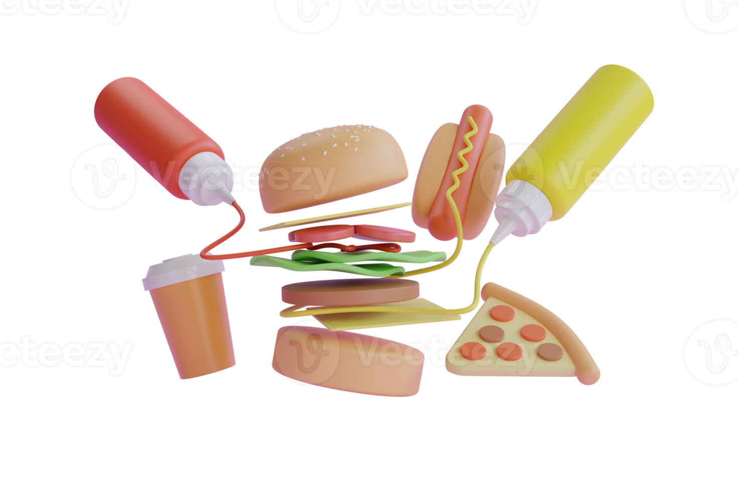 3d-illustration eine anordnung von fast food wie burger, ein hot dog, eine pizza, ein kaffee auf einem violetten hintergrund.set von 3d-realistischen fast-food-elementen. Nahrungsmittel und Getränke. png