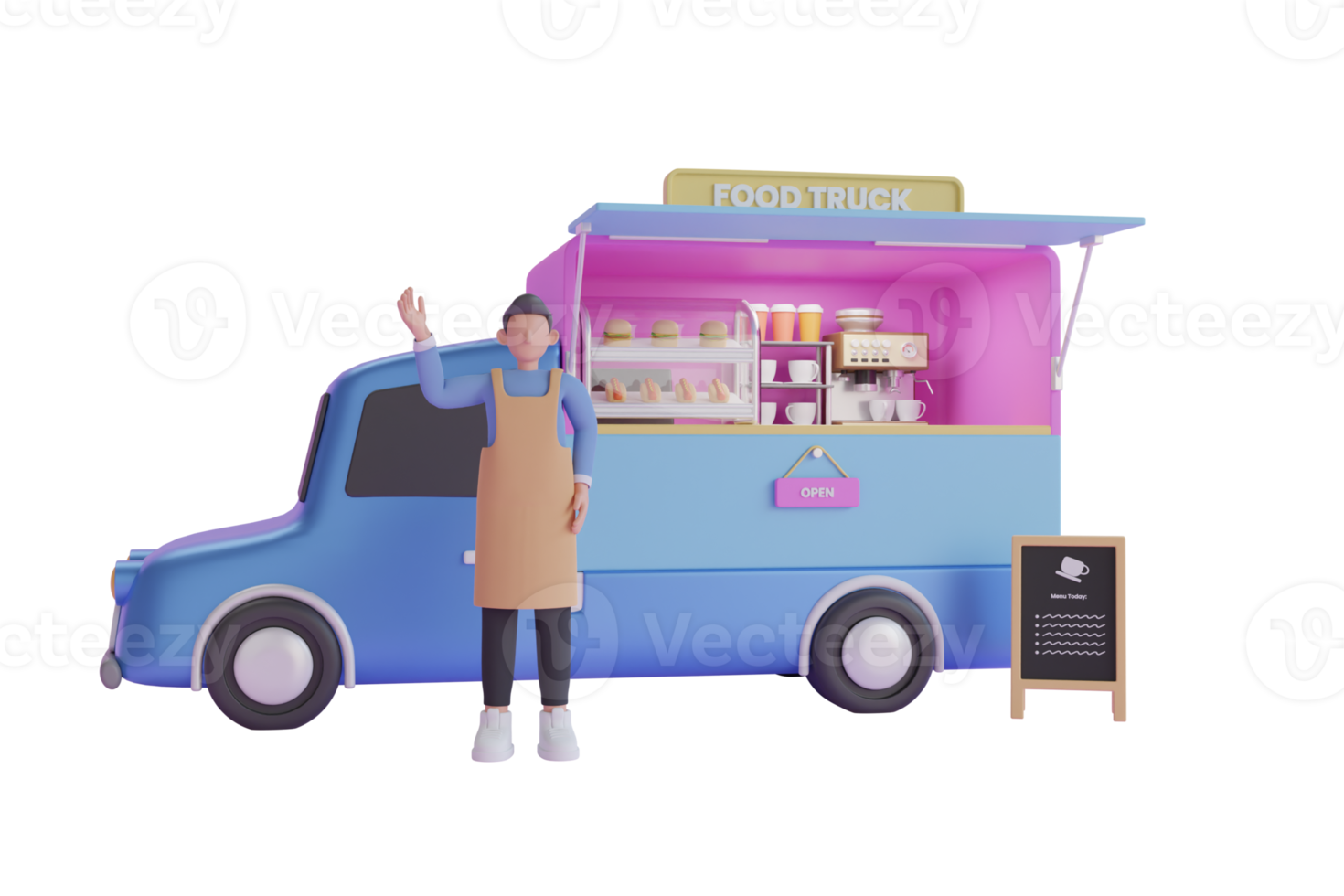 3d illustration av mat lastbil. varm hund snabb mat bil. burger lastbil . pizza lastbil. kaffe bil. mobil snabb mat 3d tolkning png