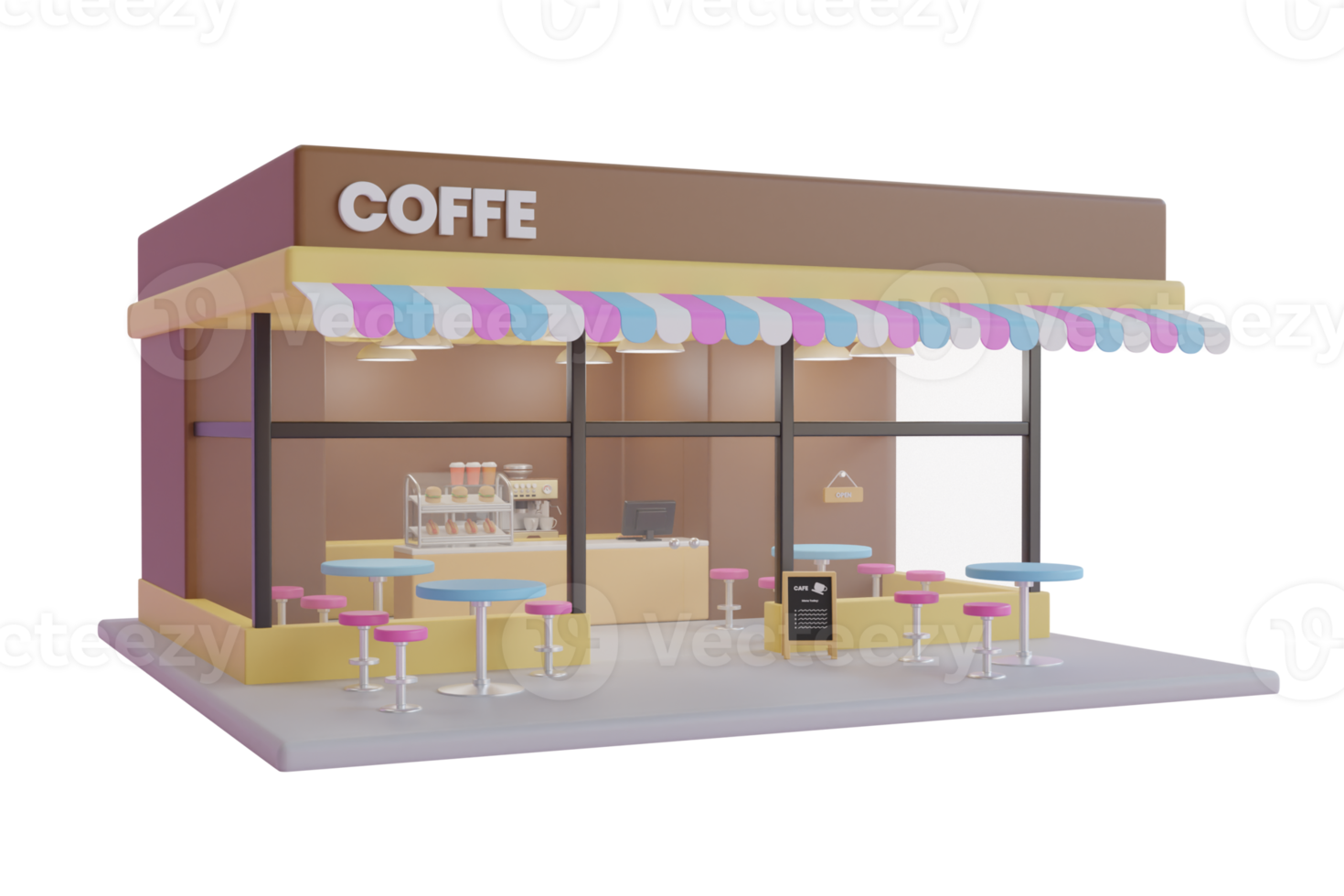 3d Rendering of a Coffee shop. modern coffeeshop.  3d illustration of a cozy cafe. Front view Cafe shop. coffee shop or coffeehouse building. 3d rendering png