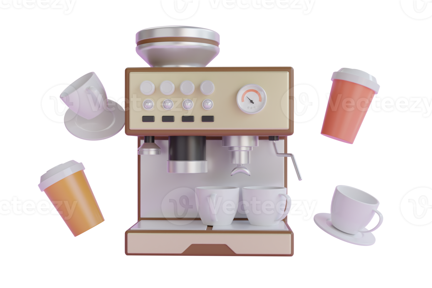 koffie machine. koffie winkel 3d veroorzaken. digitaal illustratie van een koffie maker. voorkant visie van een bruin koffie machine brouwen espresso in twee bril. 3d renderen png