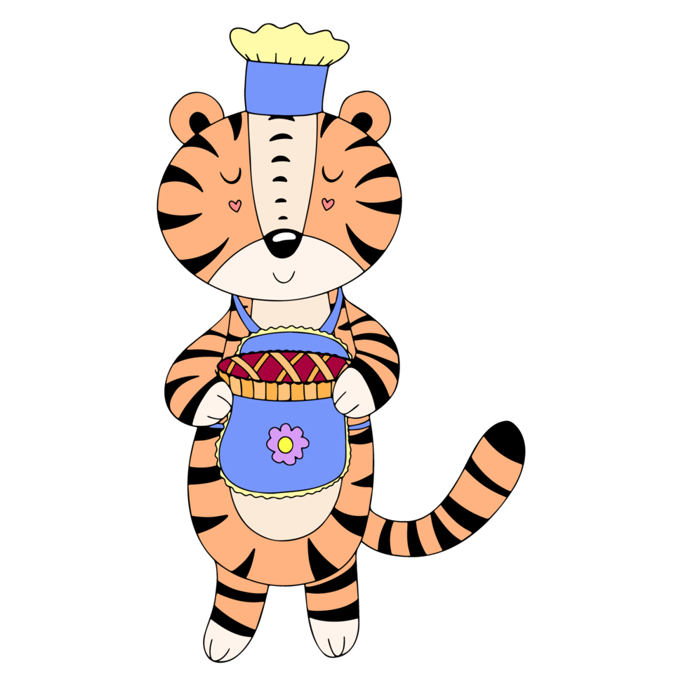 Cute cartoon tiger with pie, illustration for thanksgiving png