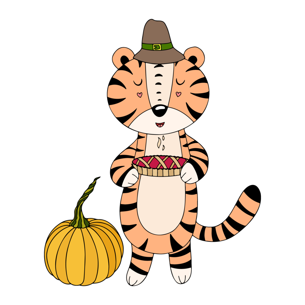 Cute cartoon tiger with pie, illustration for thanksgiving png