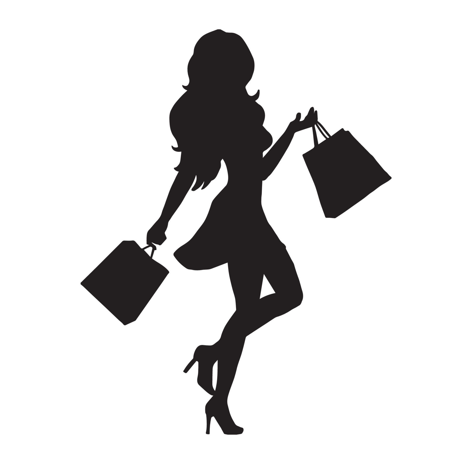 beautiful woman carrying shopping bag vector silhouette on white ...