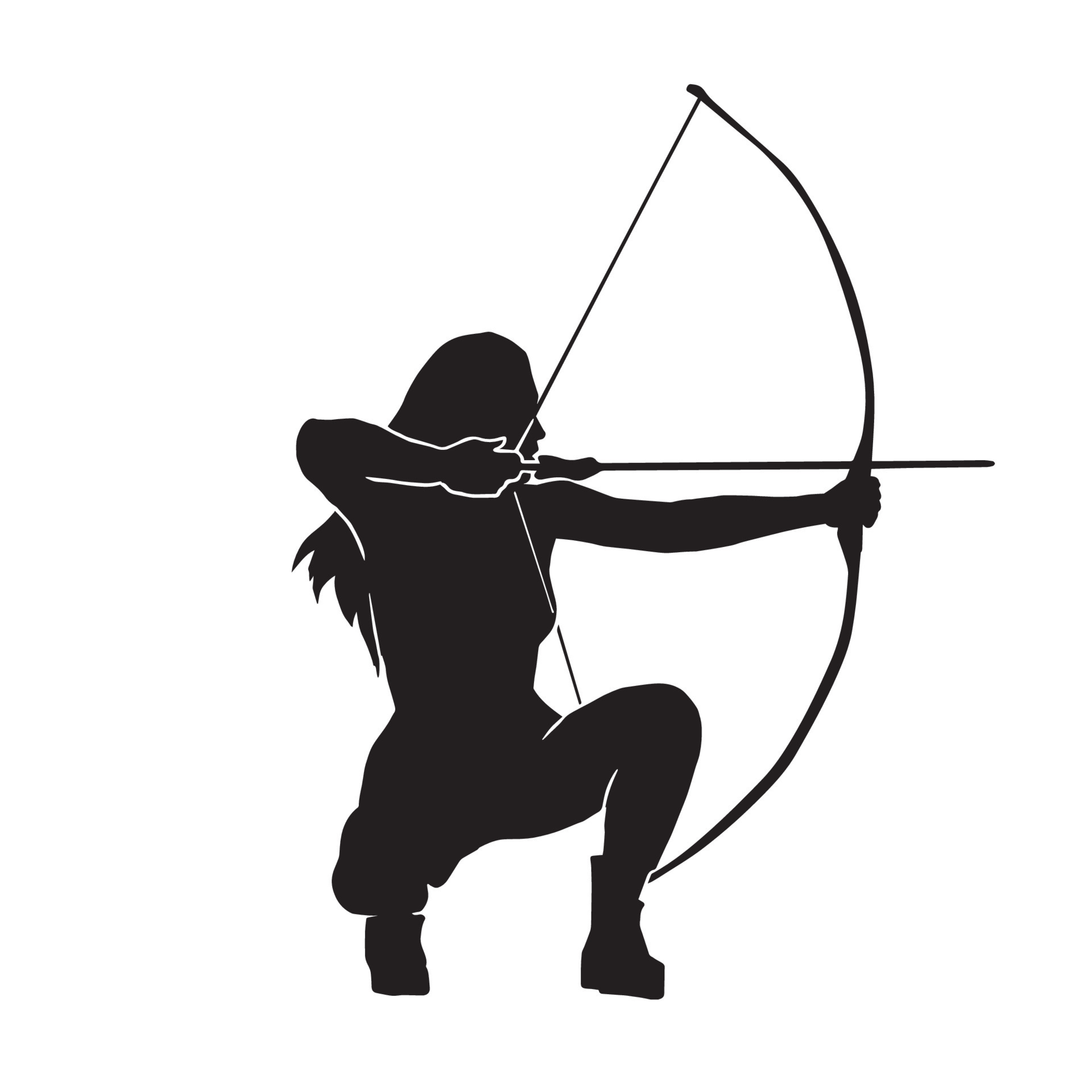 hermosa mujer arquera guerrera silueta vectorial sobre fondo blanco