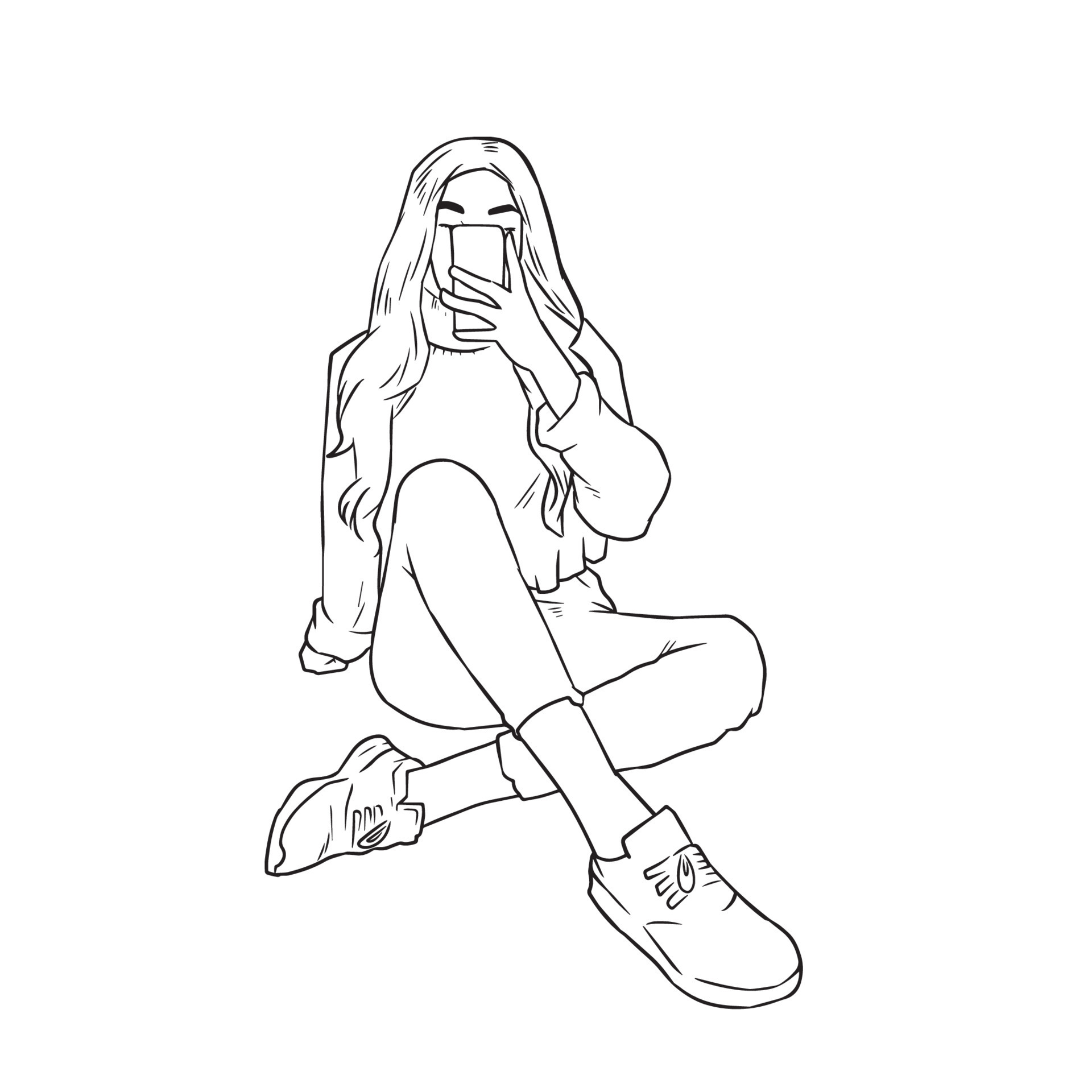 boceto de una mujer hermosa tomando un selfie en un fondo blanco