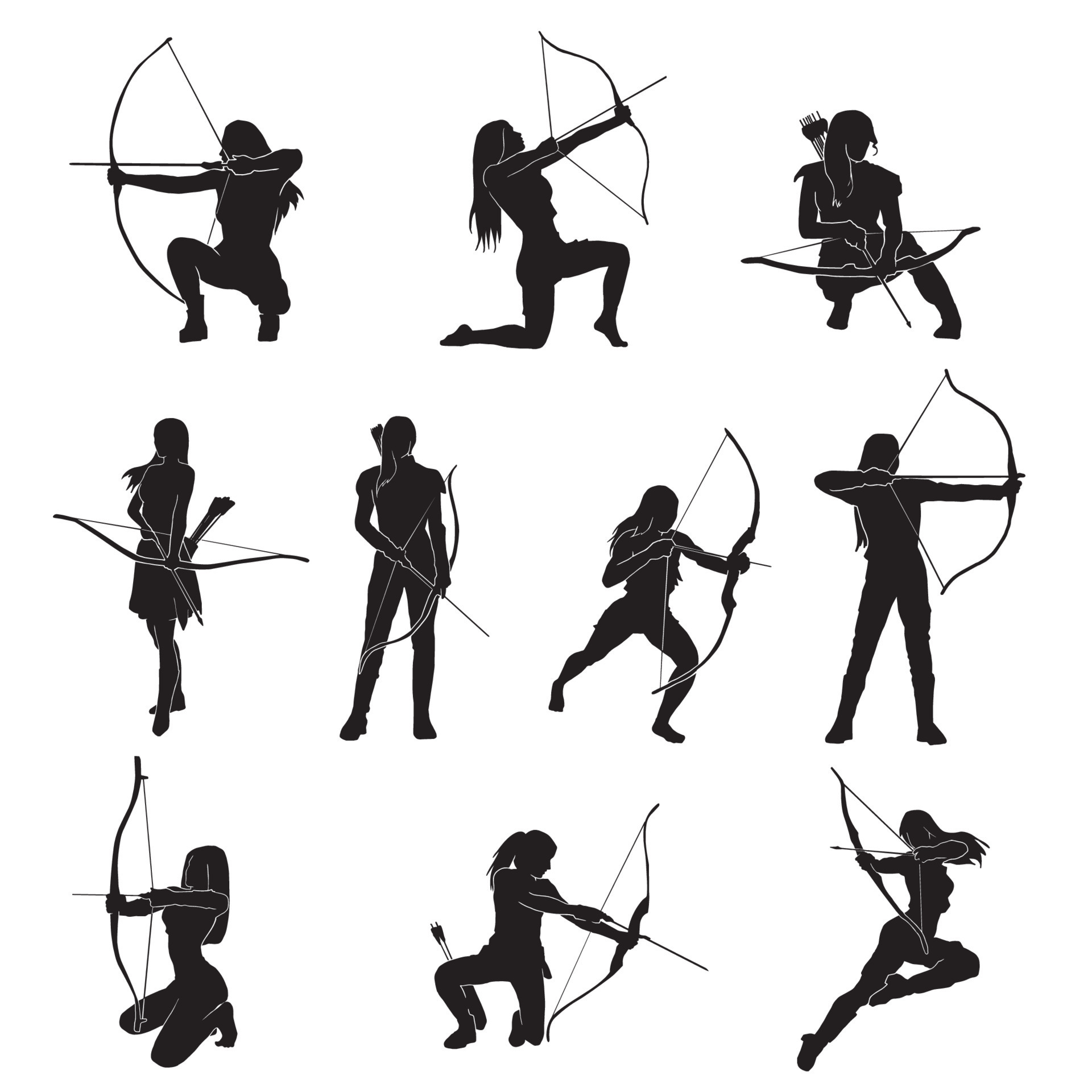 conjunto de hermosa mujer arquera guerrera silueta vectorial sobre
