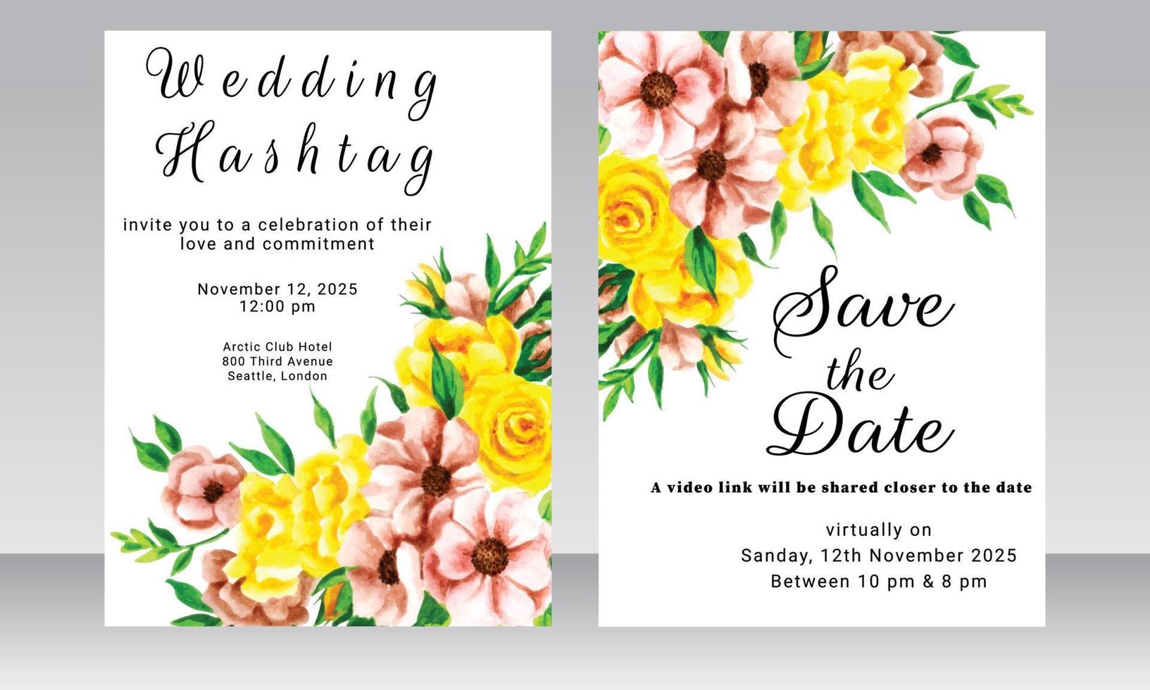 Beautiful blooming floral wedding invitation card set vector