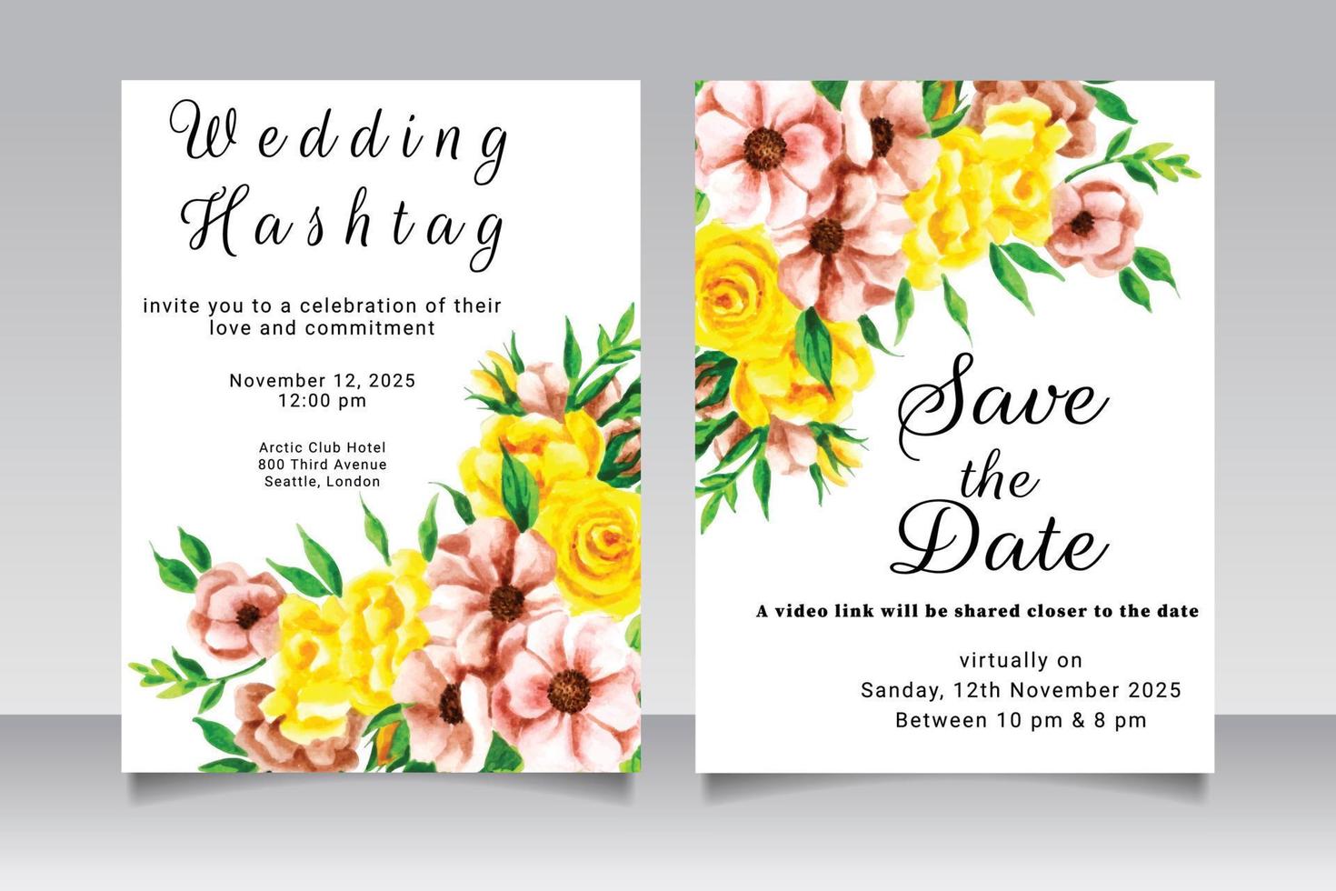 Beautiful blooming floral wedding invitation card set vector