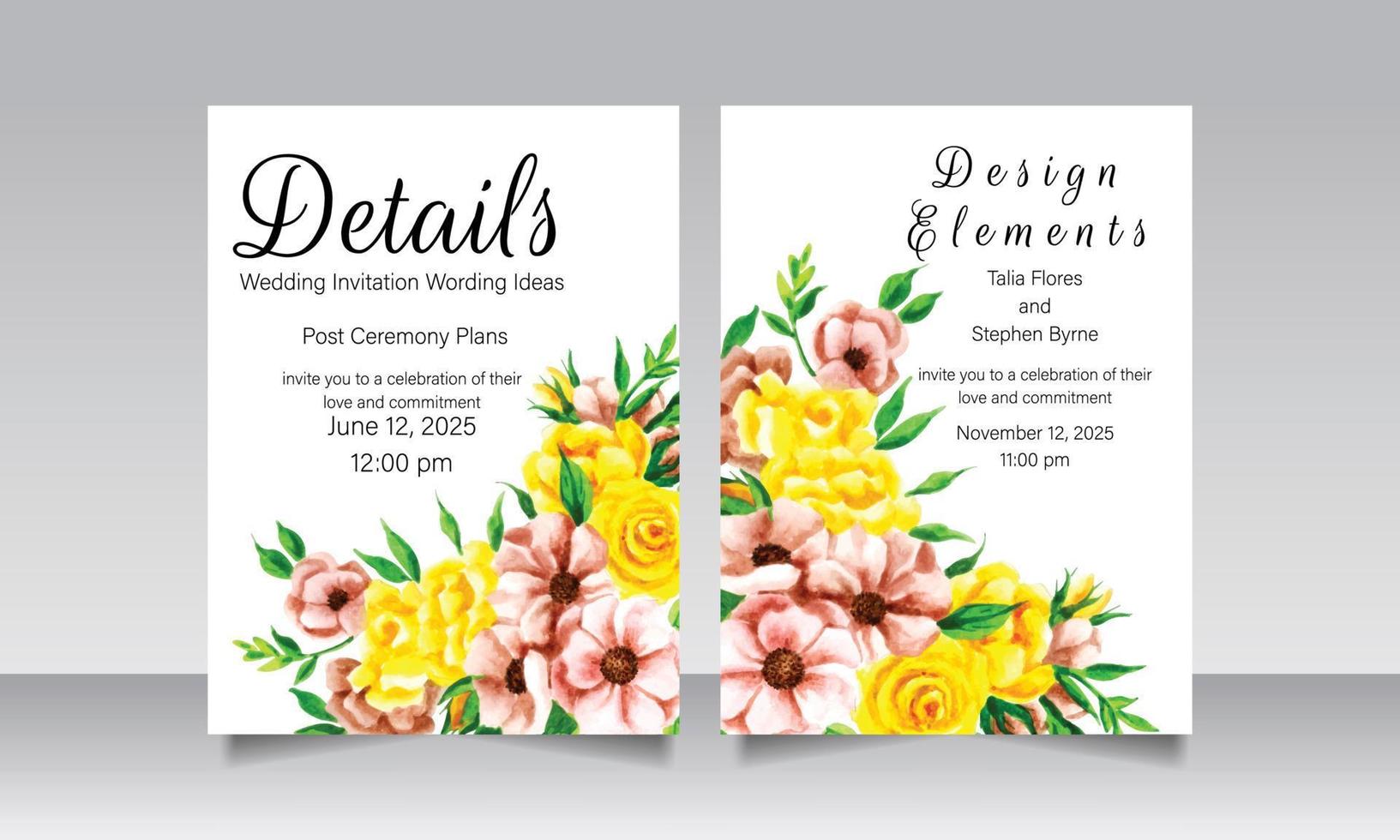 Beautiful blooming floral wedding invitation card set vector