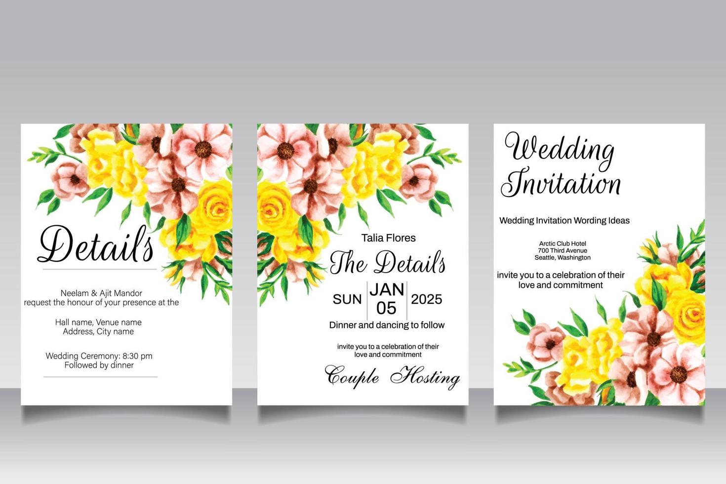 Elegant hand drawing wedding invitation floral design vector