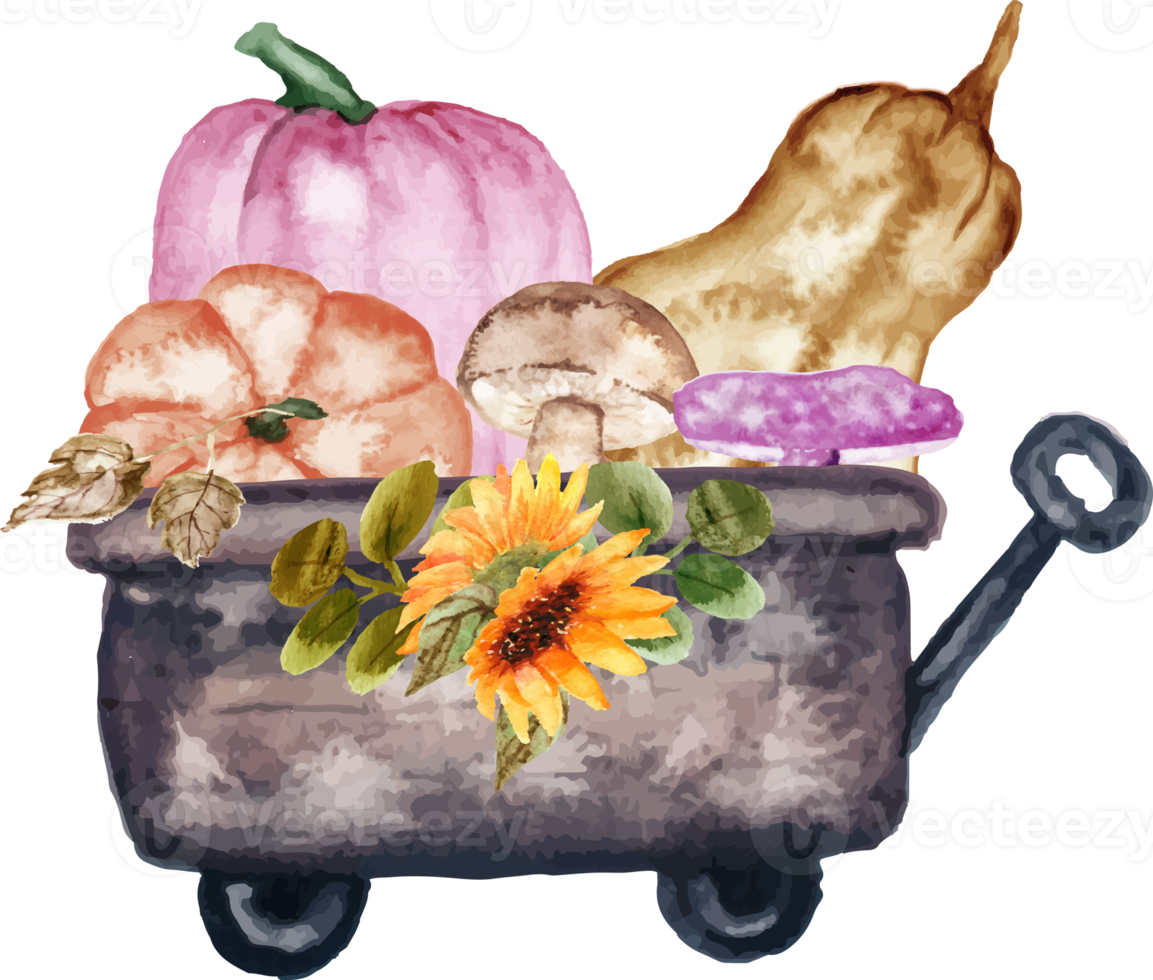 wheelbarrow with pumpkins and mushroom png