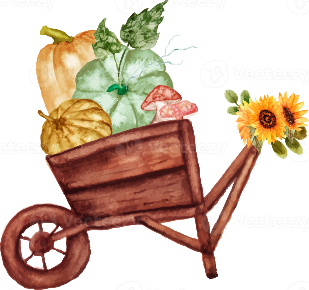 wheelbarrow with pumpkins and mushroom png