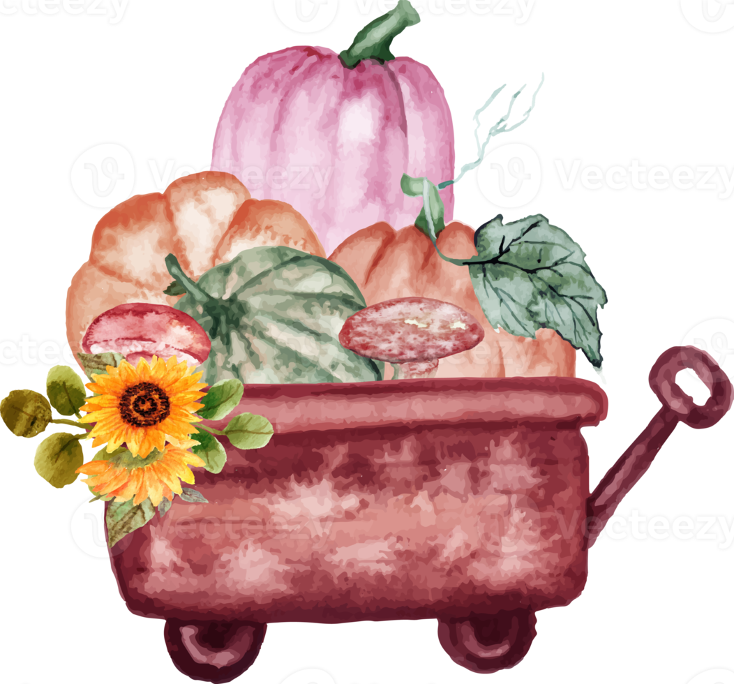 wheelbarrow with pumpkins and mushroom png