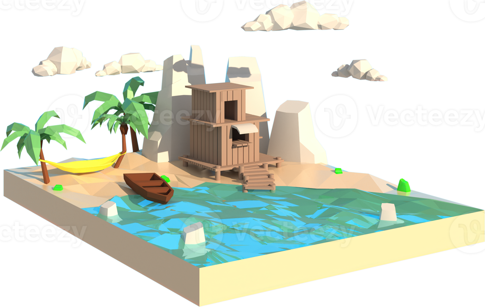 la casa y el mar. geometría poligonal baja. arte de estilo minimalista lowpoly. png