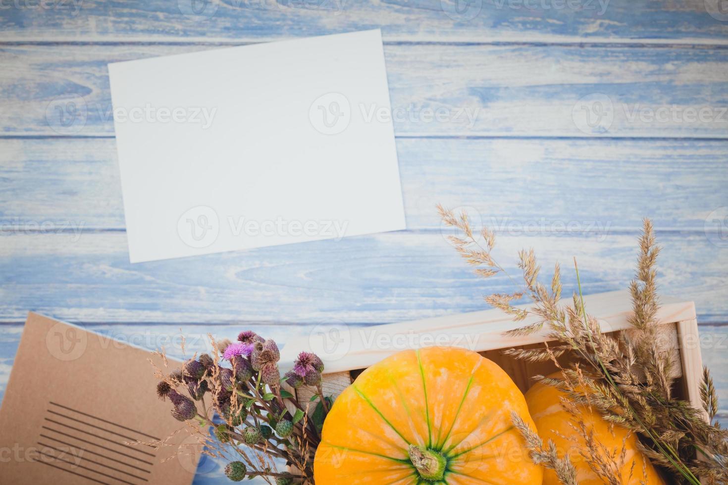 Blank empty letter mock up with autumn pumpkins photo