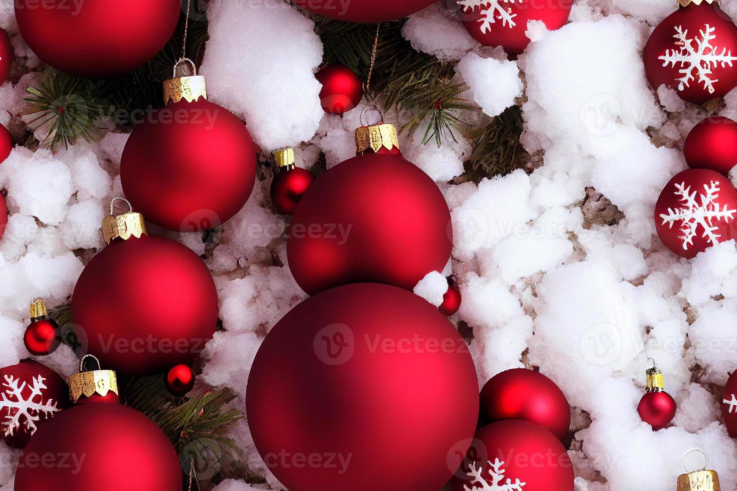 Seamless pattern of shiny red Christmas ornaments, globes, in snow photo