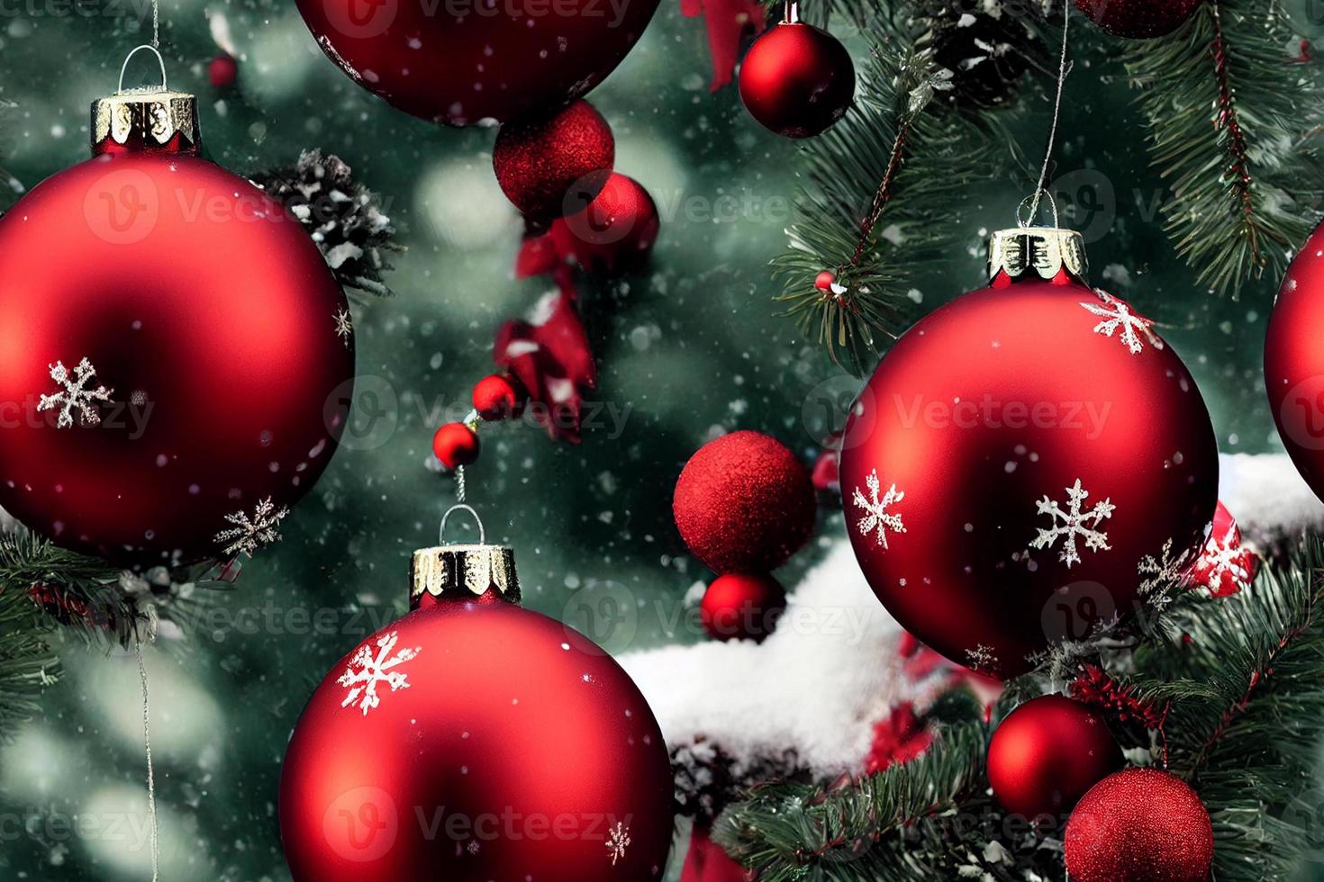 Seamless pattern of shiny red Christmas ornaments, globes, bulbs. Winter snow, Christmas mood. Background, backdrop, wallpaper. 3d illustration. photo