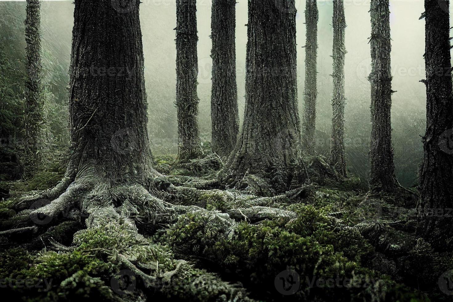 Tree trunks and roots in a misterious, foggy forest. 3d rendering. Halloween, horror photo