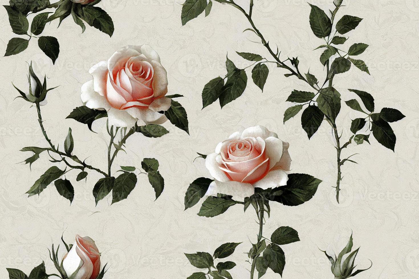 Seamless pattern of white pink roses. Romantic floral repeatable background, backdrop, wallpaper. photo