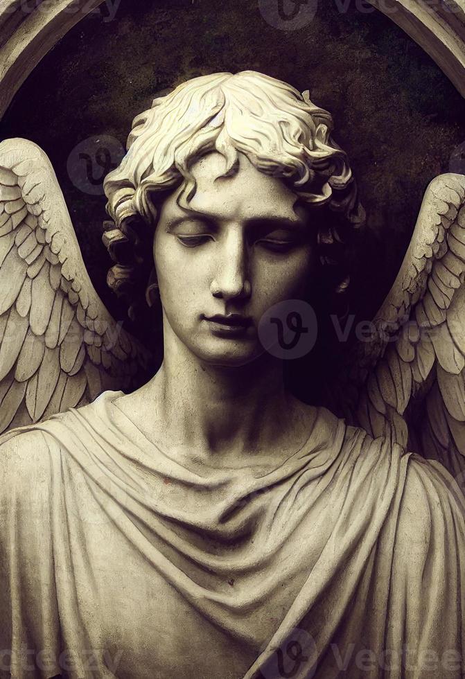 illustration of a statue of an archangel in a grave yard with wings detailed cinematic render. photo