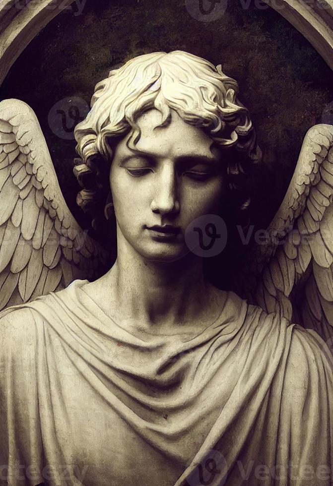 ilustración de una estatua de un arcángel en un cementerio con alas renderizado cinematográfico detallado. foto