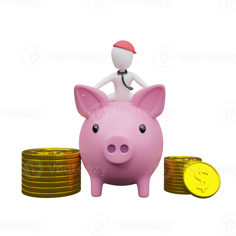 Stockmann, der auf einem Sparschwein reitet, und Münzen stapeln sich isoliert. konzept 3d-illustration oder 3d-rendering png
